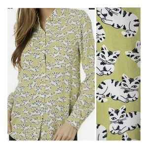 BeachLunchLounge XL Green Kitty Kat Alanna Button Down Blouse Top